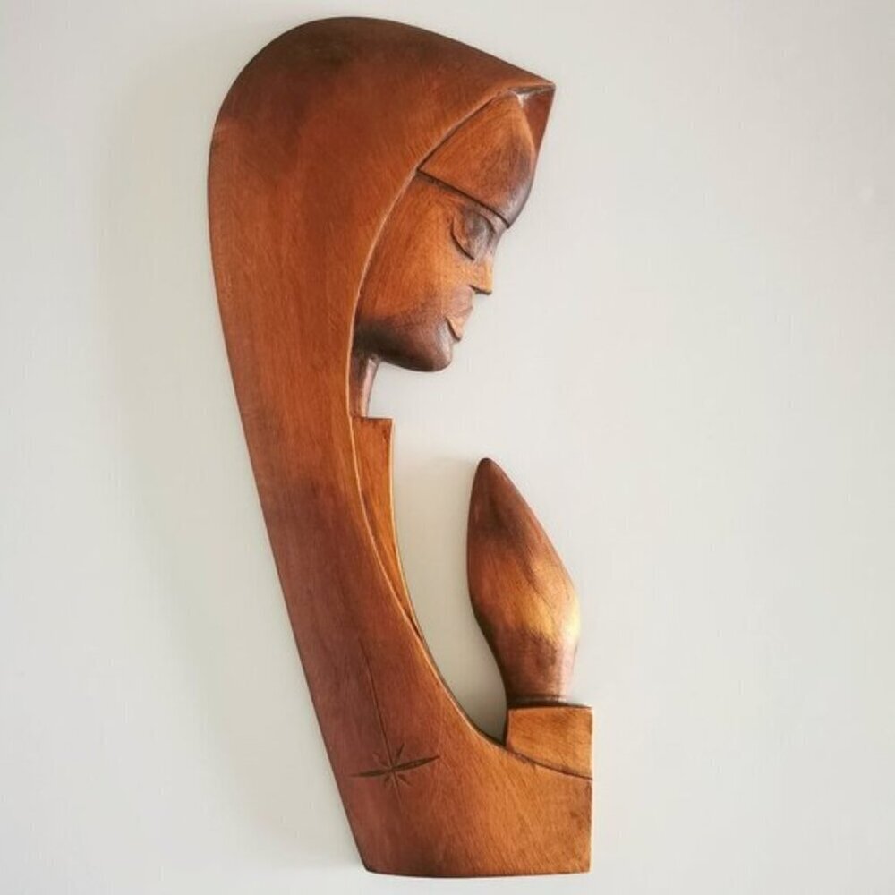 Handcarved Virgin Mary Madonna Wood Sculpture Wall Hanging Polish Artist